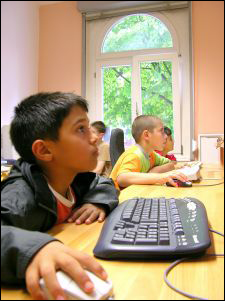 Photo of a young child using the computer.