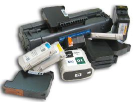 Collage of printer toner and ink cartridges.